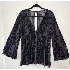 Jupee Black Velvet Burnout Sheer Babydoll Flare Sleeves Top XL Goth Whimsygoth